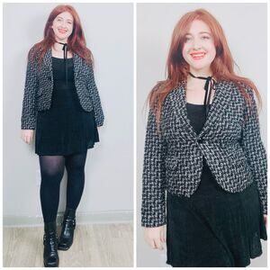 Y2K Black and Silver Tweed Vintage Metallic Plaid Blazer / Medium - Large